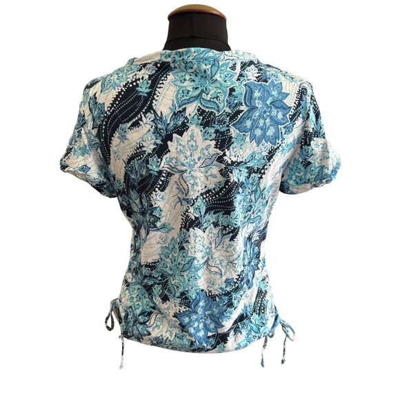 Gloria Vanderbilt  V-Neck Blue & White Floral Print Top Side Drawstrings Small - Picture 4 of 9